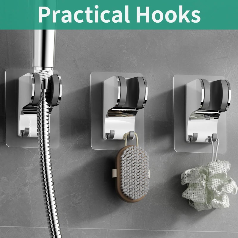 HEROBAI Hand Held Shower Head Holder Wall Mount, Shower Hose Holder Adhesive with 2 Hanger Hooks, Adjustable Shower Handle Holder, No Drilling Shower Wand Holder (Chrome, 1 Pack) - Image 3